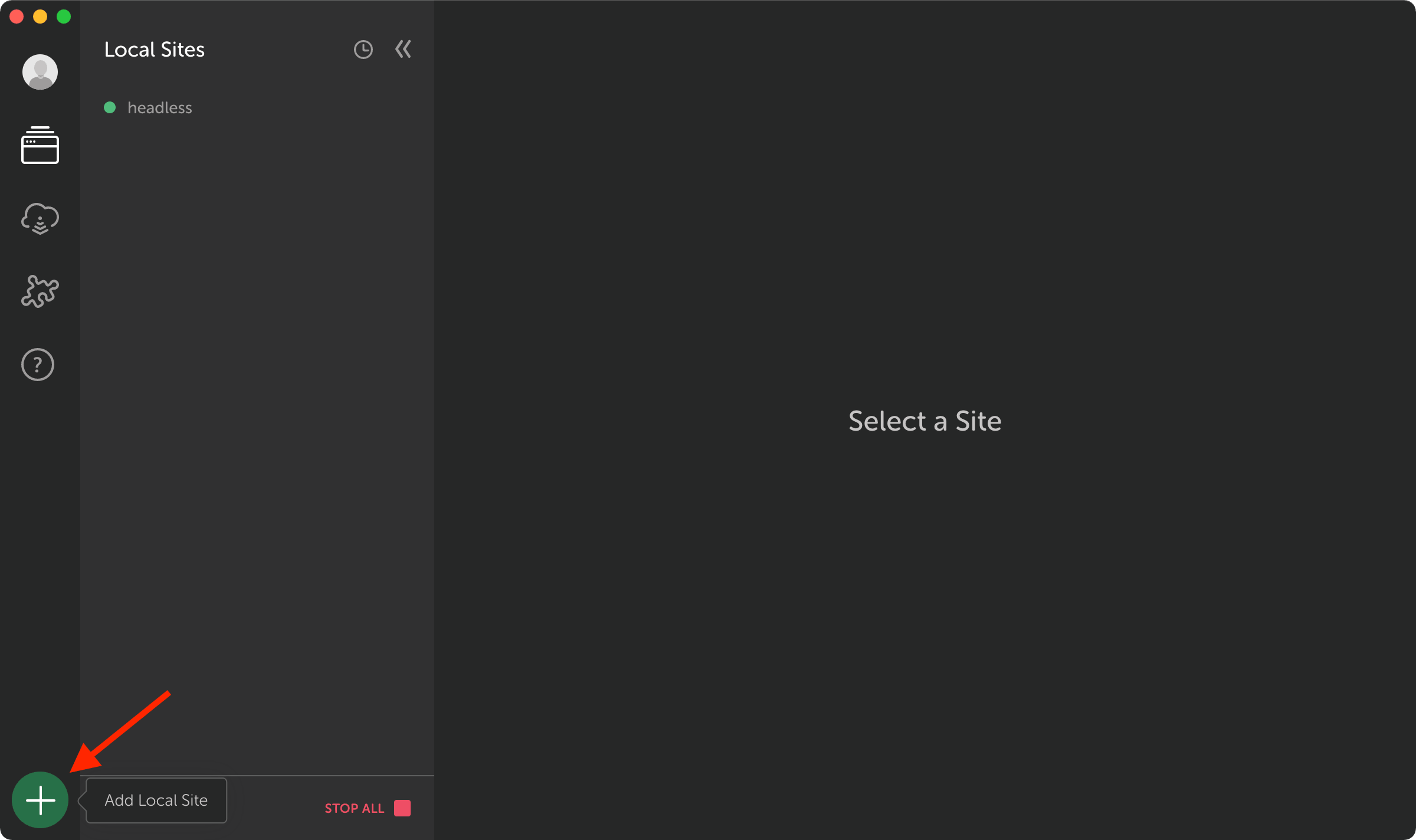 Red arrow pointing to the create site button in Local