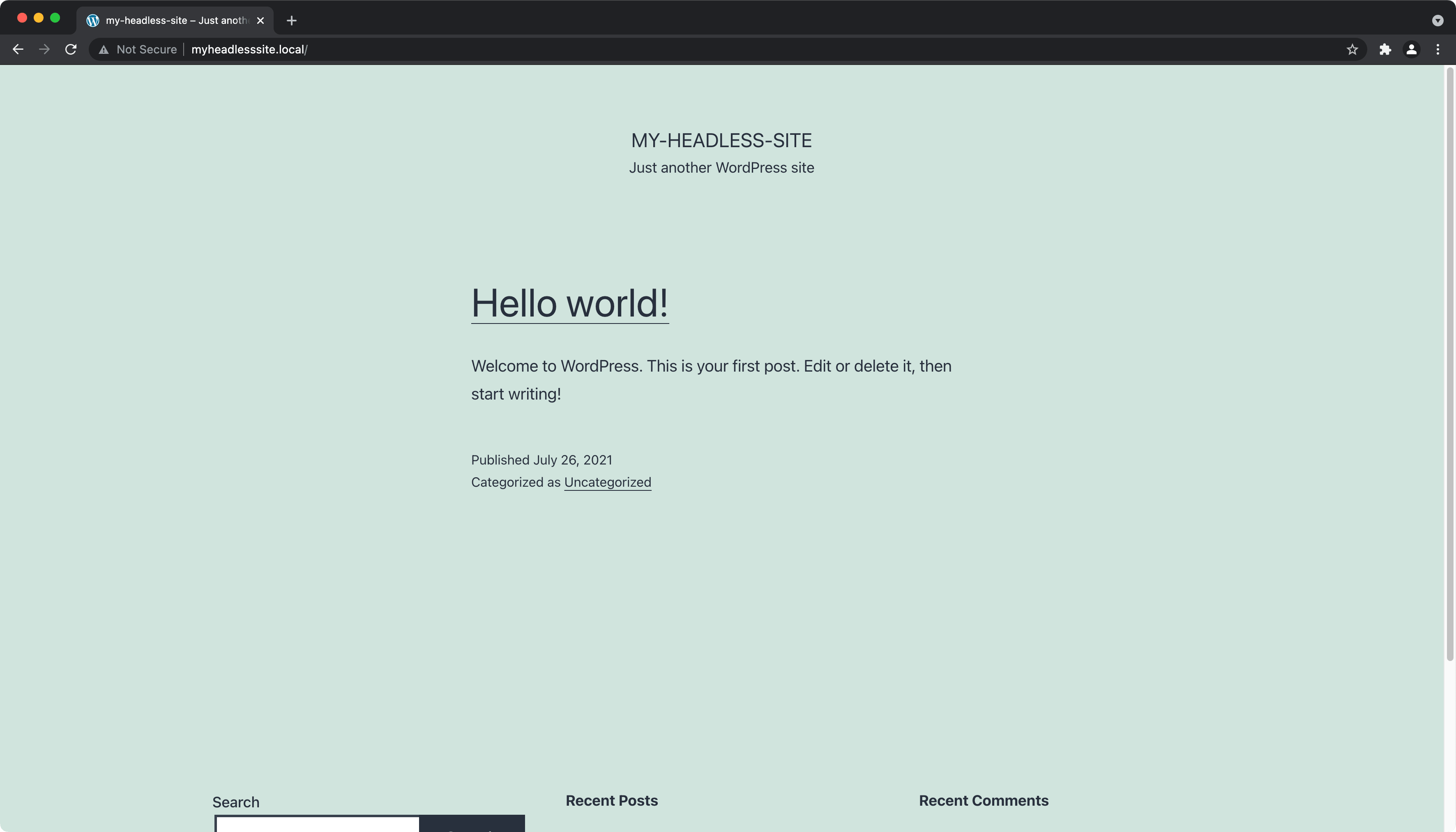 WordPress site created using Local