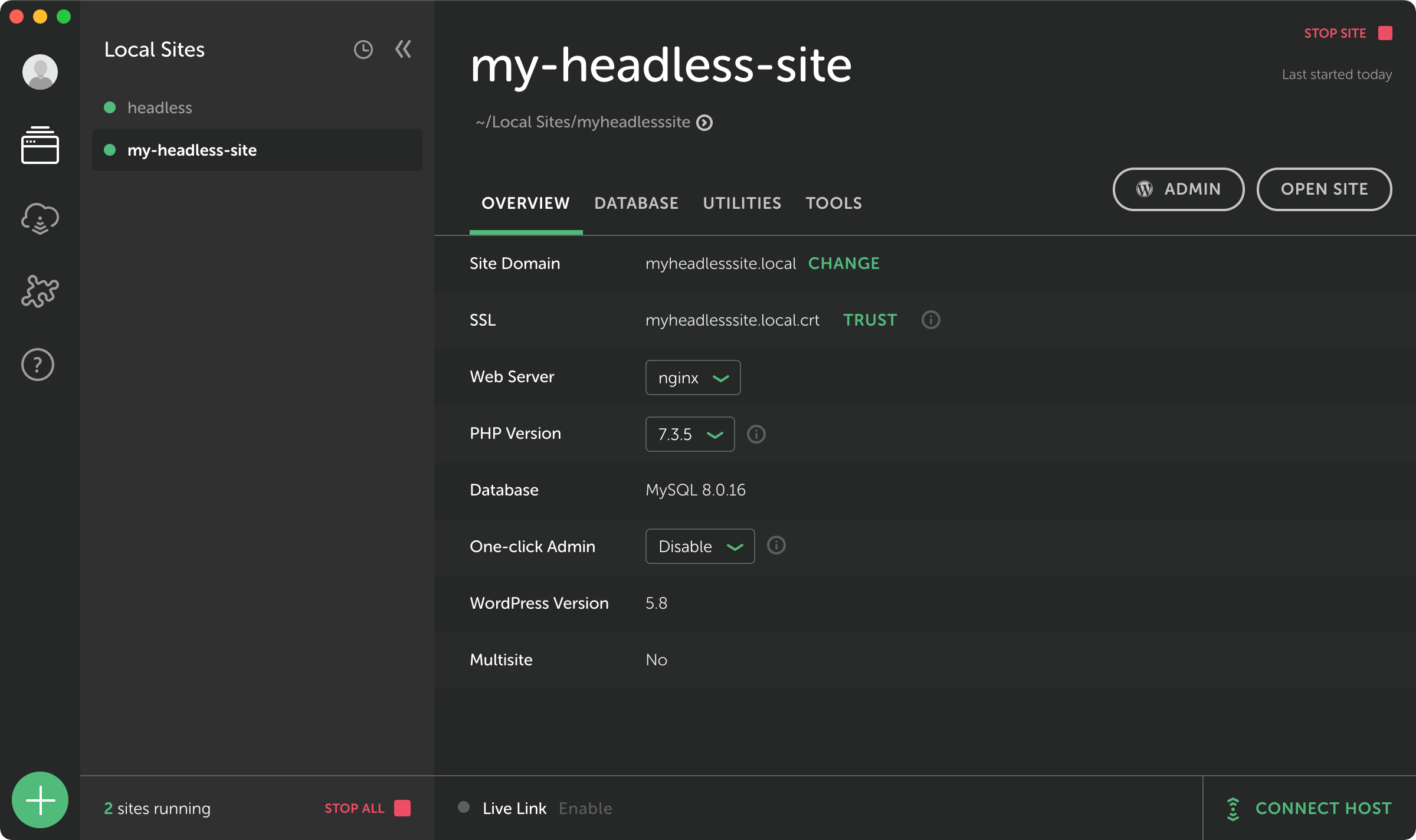 Created site settings in Local